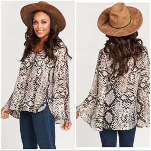 Show Me Your Mumu Womens Sz XS Snake Print Brown Black Bell Sleeve Blouse Top